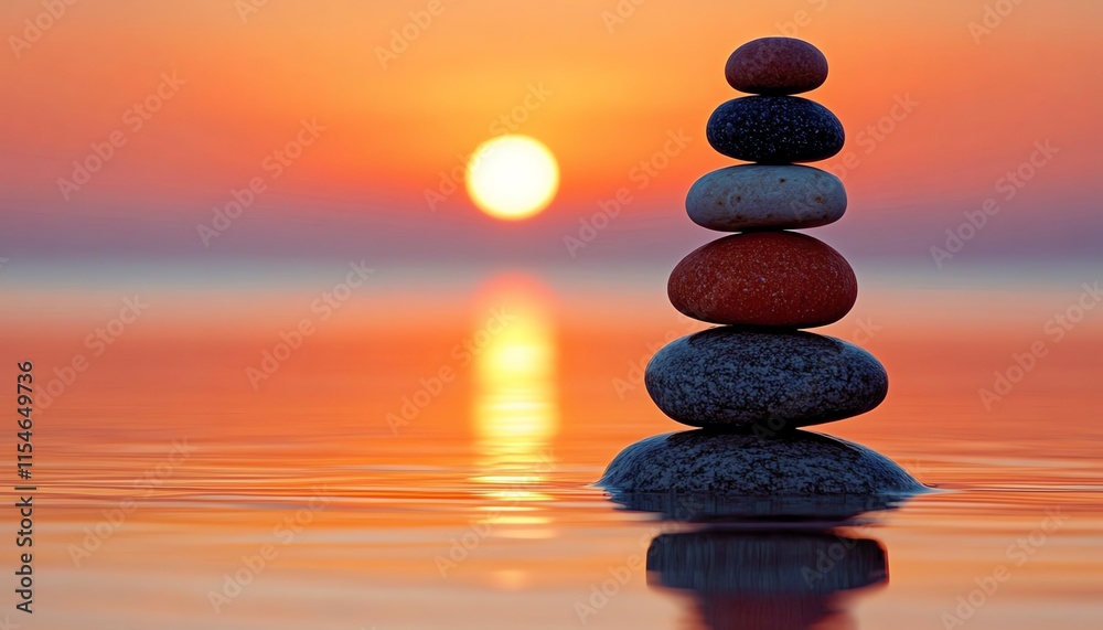 Serene sunrise with golden hues on a beach, stacked colorful stones reflecting balance, peace, and wellness inspiration Serene sunrise with golden hues on a beach, stacked colorful stones reflecting balance, peace, and wellness inspiration