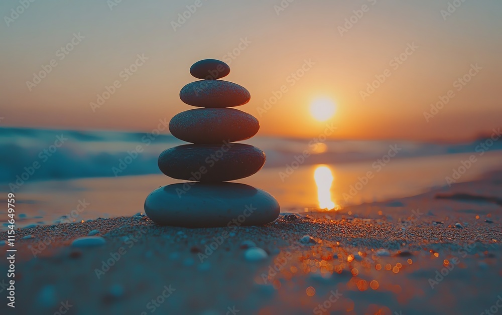 Stacked vibrant pebbles on a sandy beach, soft golden light from sunrise highlighting tranquility and relaxation concepts Stacked vibrant pebbles on a sandy beach, soft golden light from sunrise highlighting tranquility and relaxation concepts