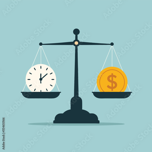 Vector illustration of a scale weighing a clock and a dollar coin, representing the balance between time and money. Ideal for themes like time management, business value, and financial planning.