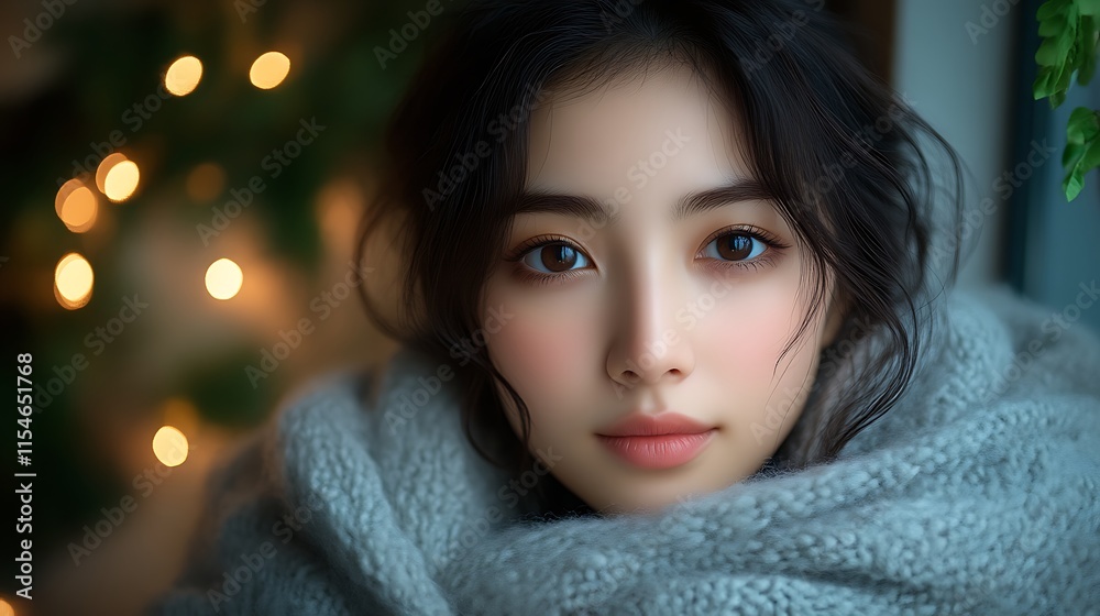 Close-up portrait of a young woman wrapped in a cozy scarf, gazing directly at the camera. Close-up portrait of a young woman wrapped in a cozy scarf, gazing directly at the camera.