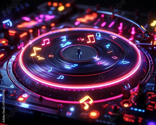Electric DJ turntable with neon lights, music notes in vibrant hues, and energyfilled cables, ideal for electronic music and rave party culture visuals photo