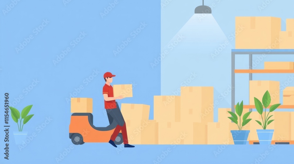 Naklejka premium A worker using a forklift to transport boxes in a warehouse setting.