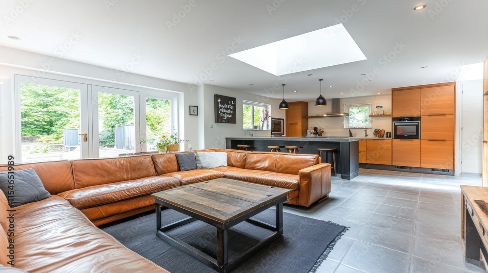 Modern open-plan living room with leather sectional sofa, wooden coffee table, and kitchen. Modern open-plan living room with leather sectional sofa, wooden coffee table, and kitchen.