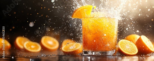 Fresh orange juice flowing into a glass of sliced oranges, bright citrus hues contrasting a dark background, perfect for beverage promotions with copy space photo