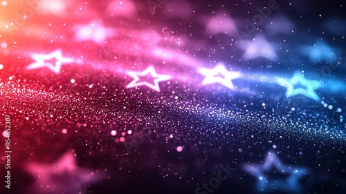 Presidents' Day promotion background concept. Abstract background featuring colorful stars and sparkling effects in red, blue, and purple hues.