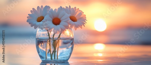 Fresh white daisies in a crystalclear vase filled with water, complemented by a serene sunset backdrop, perfect for feminine flowerthemed designs photo