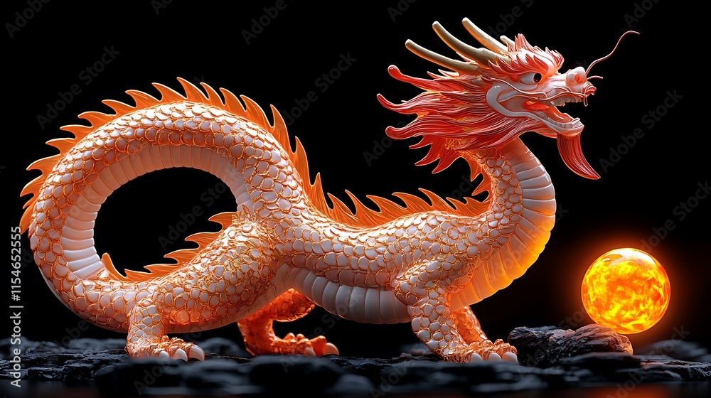 Fototapeta premium Orange dragon figurine with sun.