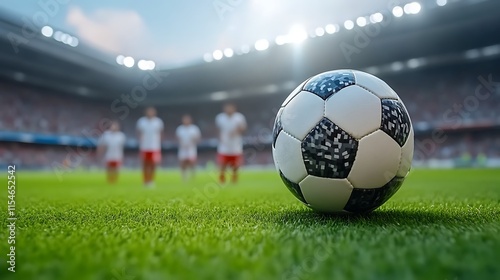 Soccer ball on field, players blurred in background.