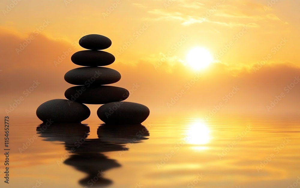 Golden sunrise illuminating stacked stones on a tranquil beach, vibrant colors reflecting harmony and mindfulness Golden sunrise illuminating stacked stones on a tranquil beach, vibrant colors reflecting harmony and mindfulness