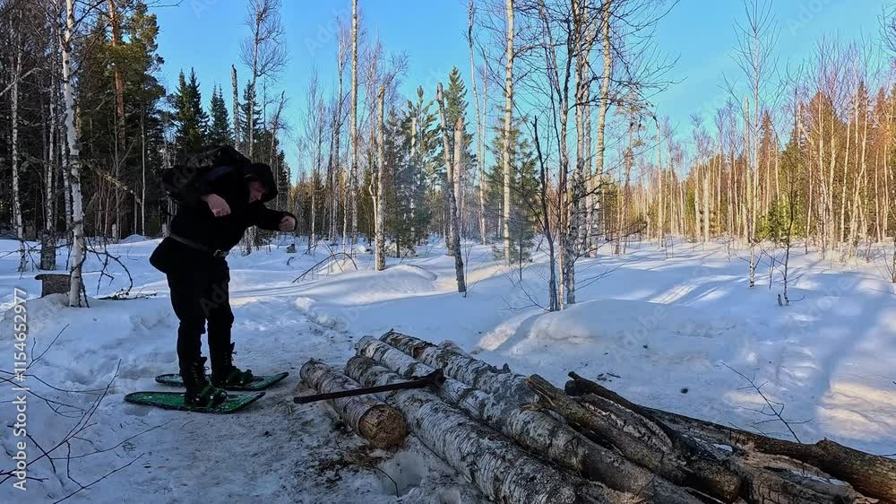 Survival in the wild. Man in black fur coat and snowshoes in winter forest