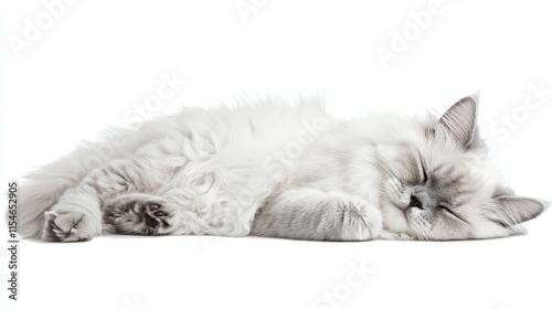 Fluffy white cat sleeping peacefully on white background. photo