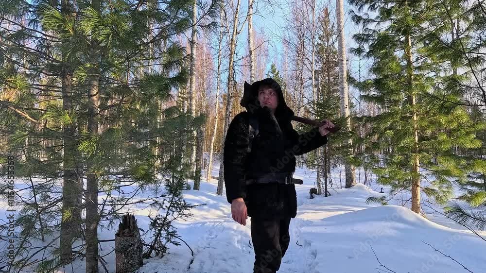 Survival in the wild. Man in black fur coat and snowshoes in winter forest