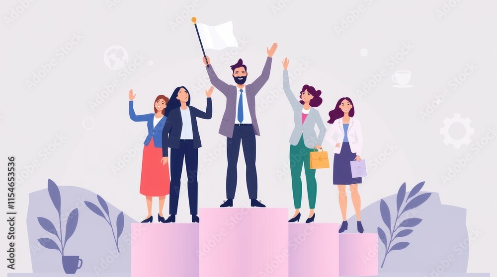 A group of professionals celebrating success, with one person holding a flag atop a podium. A group of professionals celebrating success, with one person holding a flag atop a podium.