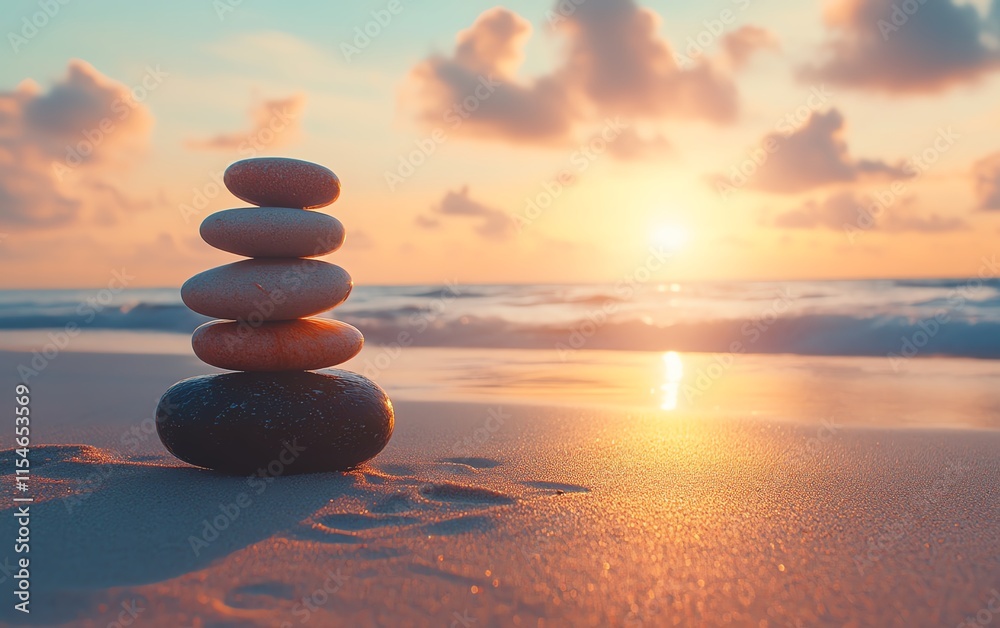 Stacked vibrant pebbles on a sandy beach, soft golden light from sunrise highlighting tranquility and relaxation concepts Stacked vibrant pebbles on a sandy beach, soft golden light from sunrise highlighting tranquility and relaxation concepts