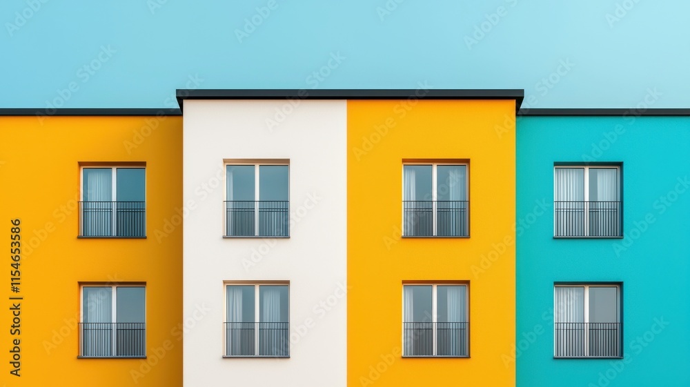 Fototapeta premium A vibrant building facade featuring yellow, white, and turquoise colors, with four windows and a clean blue sky above.