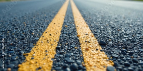 Asphalt Surface Texture Close-Up View of Double Yellow Lines on a Newly Paved Road Showing Aggregate Detail