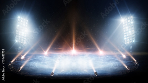 Background. Spotlight shines on the rink. Bright lighting with spotlights. Beautiful empty winter background and empty ice rink with lights. Isolated in black