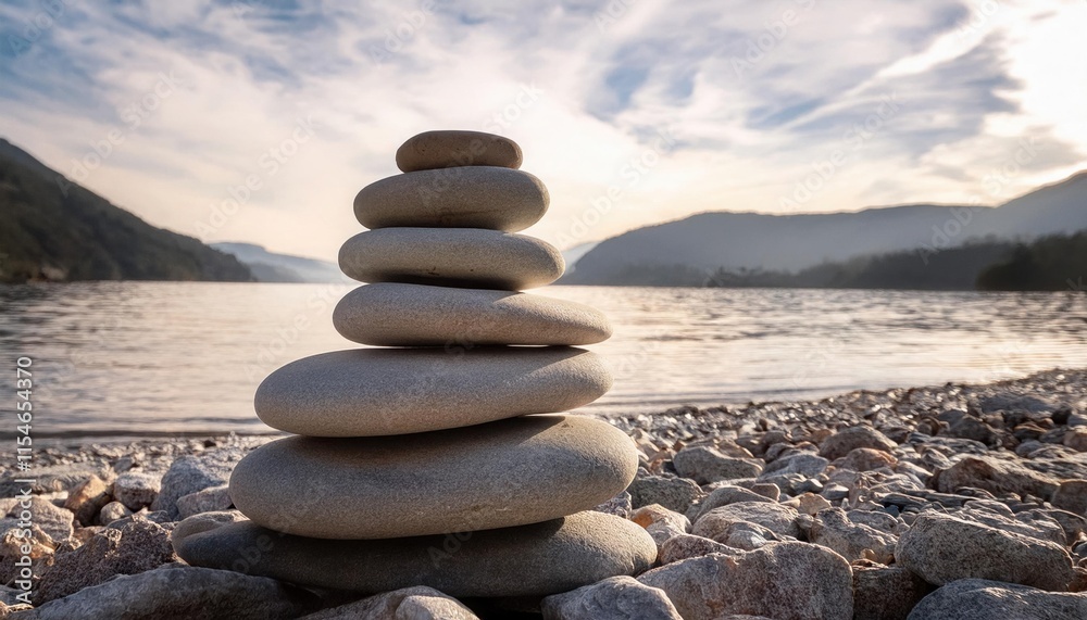 Serene Stacked Stones by Lake at Sunset - Mindfulness and Wellness Serene Stacked Stones by Lake at Sunset - Mindfulness and Wellness
