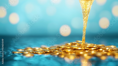 A golden liquid flows over shiny coins, set against a blurred blue background, creating a luxurious and vibrant composition. photo