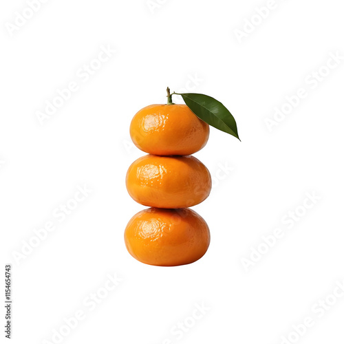 A stack of two tangerines is arranged vertically, resting on a white surface