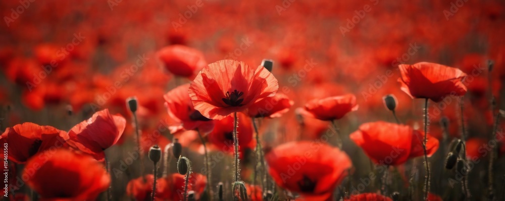 Obraz premium Closeup of vibrant red poppy field in full bloom, with blurred background for a serene and beautiful floral focal point.