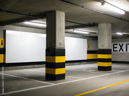 An billboard in underground parking garage with concrete walls and floors.