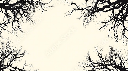 Bare tree branches frame on cream background.