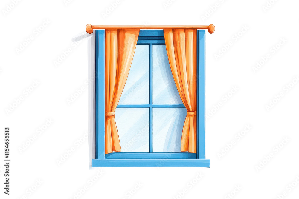 Watercolor Window with Curtains in Bay House Style Watercolor Window with Curtains in Bay House Style