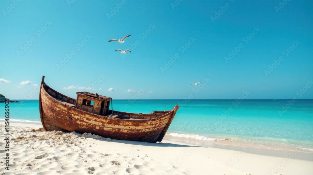 Sun-Kissed Sands Embrace Weathered Wooden Vessel, Azure Waters Gleam Under a Cloudless Sky, Birds Soar Freely Above Sun-Kissed Sands Embrace Weathered Wooden Vessel, Azure Waters Gleam Under a Cloudless Sky, Birds Soar Freely Above