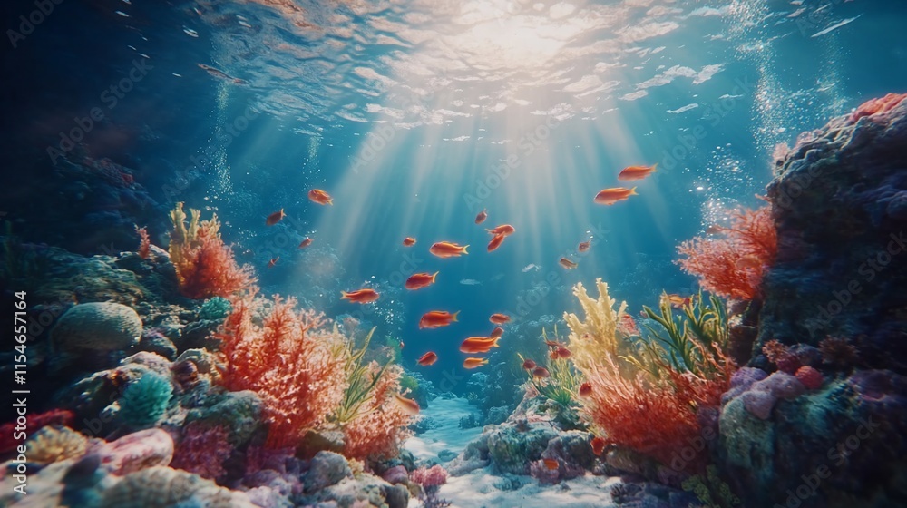 Underwater scene with vibrant corals and fish illuminated by sunlight. Underwater scene with vibrant corals and fish illuminated by sunlight.
