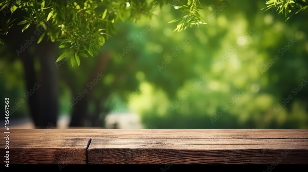 Empty Wooden Table Surrounded by Lush Greenery in a Sunlit Natural Environment with a Soft Focus Background Empty Wooden Table Surrounded by Lush Greenery in a Sunlit Natural Environment with a Soft Focus Background