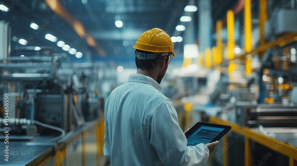 Worker in a factory using a tablet to monitor production processes. Worker in a factory using a tablet to monitor production processes.