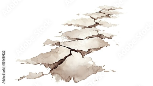 Cracked earth path, sepia watercolor illustration.