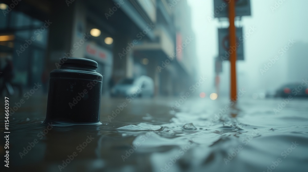 A dark jar sits in a flooded urban street, surrounded by mist and blurred city elements. A dark jar sits in a flooded urban street, surrounded by mist and blurred city elements.