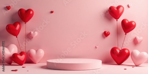 Romantic heart-shaped balloons float around a pastel pink pedestal.  Perfect for showcasing your product or design.