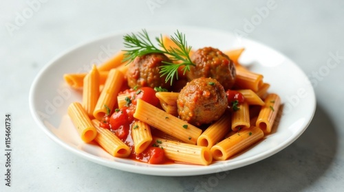 Aromatic Penne Pasta with Savory Meatballs in a Rich Tomato Sauce, Garnished with Fresh Herbs