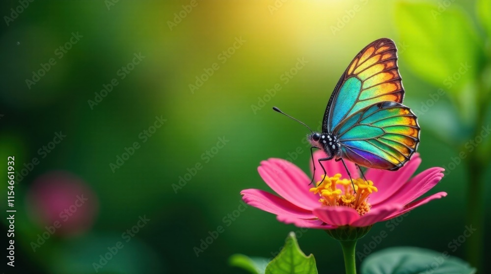 A Vibrant Iridescent Butterfly Perched on a Delicate Pink Flower in a Lush Green Garden, Basking in the Warm Sunlight A Vibrant Iridescent Butterfly Perched on a Delicate Pink Flower in a Lush Green Garden, Basking in the Warm Sunlight