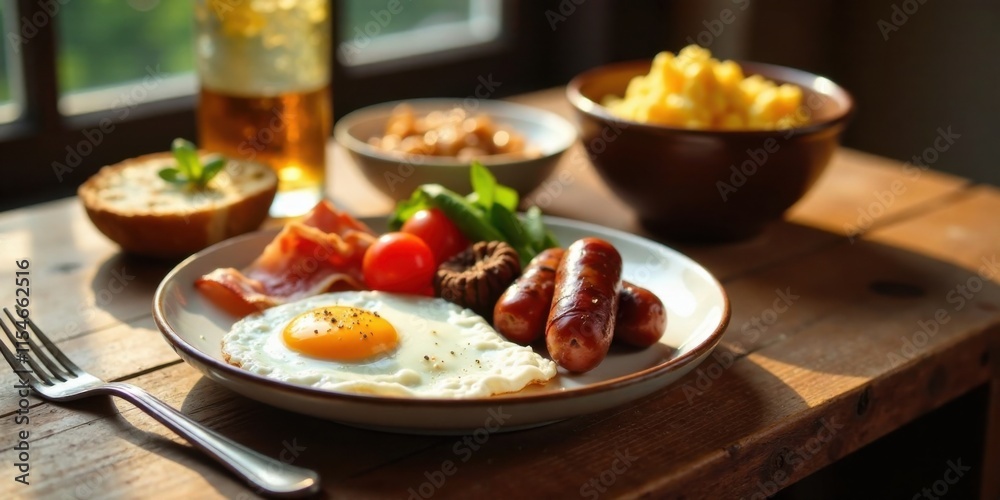 A sunny morning breakfast plate featuring a fried egg, crispy bacon, savory sausages, and a side of fresh greens and tomatoes, alongside a toasted roll and a beverage A sunny morning breakfast plate featuring a fried egg, crispy bacon, savory sausages, and a side of fresh greens and tomatoes, alongside a toasted roll and a beverage