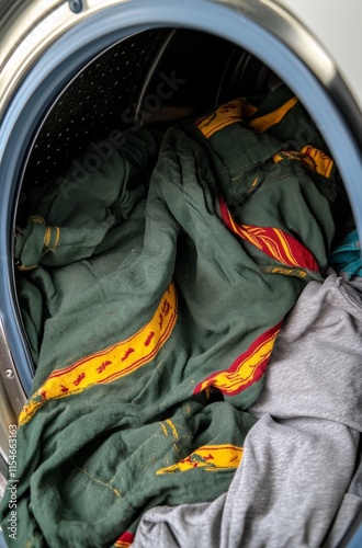 A large, dirty green blanket with yellow and red accents being completely jammed in the washing machine drum photo