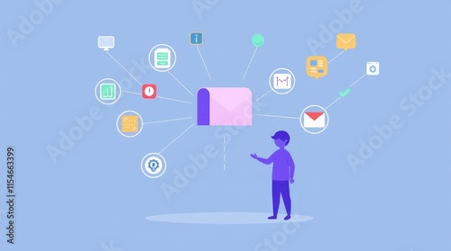 A person interacts with a digital mailbox surrounded by various communication icons.