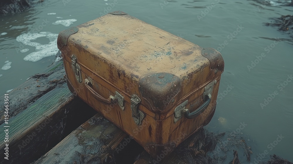 An old, weathered suitcase resting on a dock surrounded by water. An old, weathered suitcase resting on a dock surrounded by water.