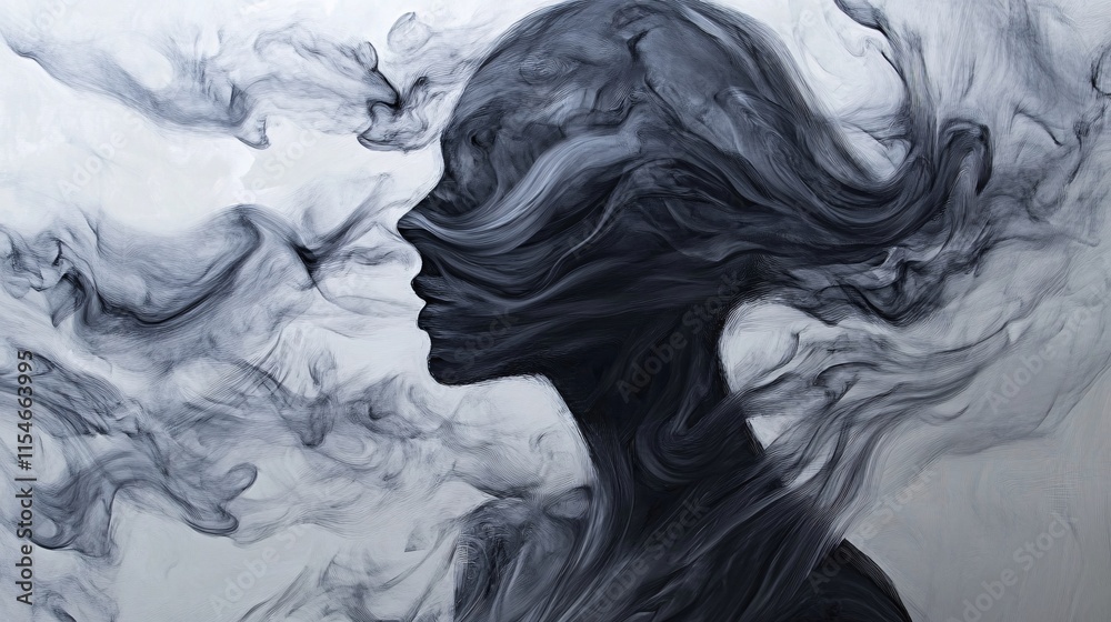 A silhouette of a woman in a thick cloud of smoke. The concept of depression and anxiety. A silhouette of a woman in a thick cloud of smoke. The concept of depression and anxiety.
