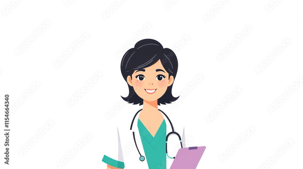 A smiling female doctor holding a clipboard and stethoscope, representing healthcare. A smiling female doctor holding a clipboard and stethoscope, representing healthcare.