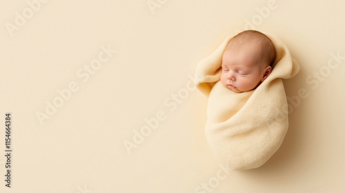 Newborn baby peacefully sleeping wrapped in soft blanket against a light background.