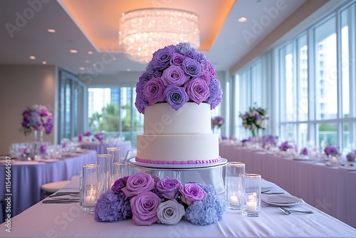 Elegant three-tiered wedding cake decorated with purple and lavender roses.