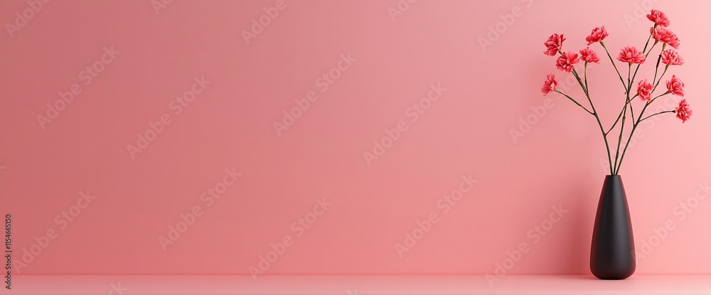 Pink wall background with black vase and red flowers. Pink wall background with black vase and red flowers.