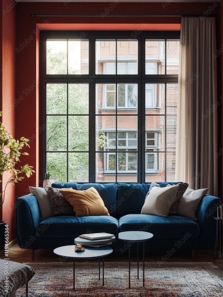Fototapeta premium Modern Living Room Interior Design With Blue Sofa