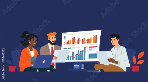 A team collaborates on data analysis using laptops and charts in a modern office setting.
