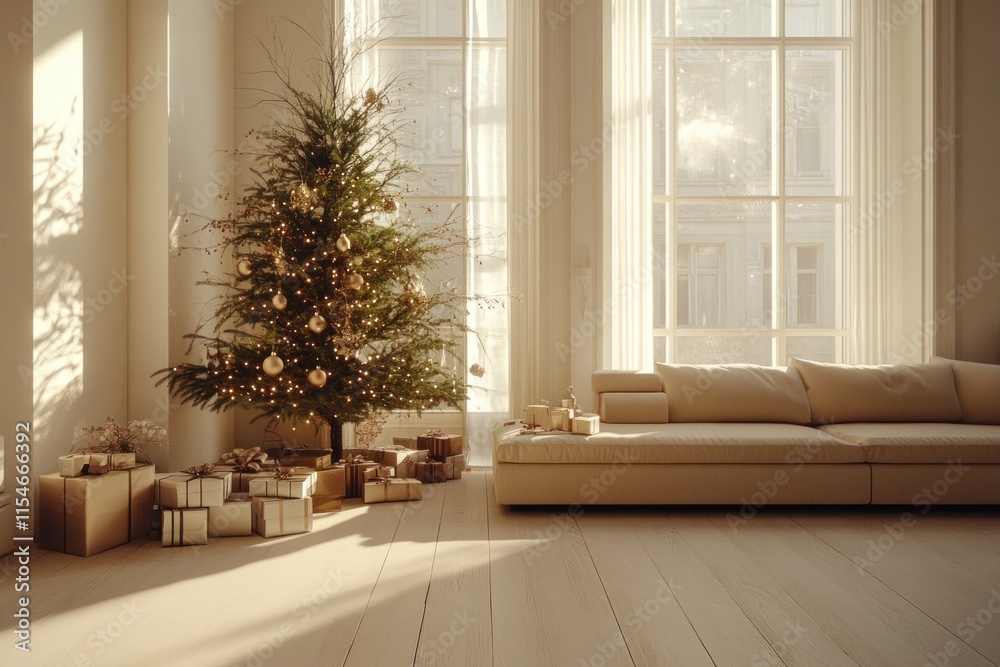 Sunlit Christmas living room with tree and gifts. Sunlit Christmas living room with tree and gifts.