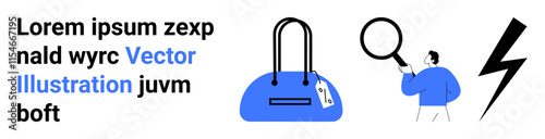 Man holding magnifying glass examining a blue handbag with a price tag, a black lightning bolt alongside text in black and blue. Ideal for business, e-commerce, shopping, search, analysis, branding